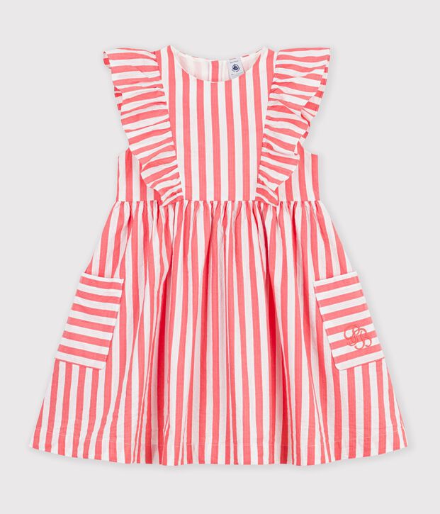 Robe sans manches enfant en coton &agrave; rayures rose/blanc