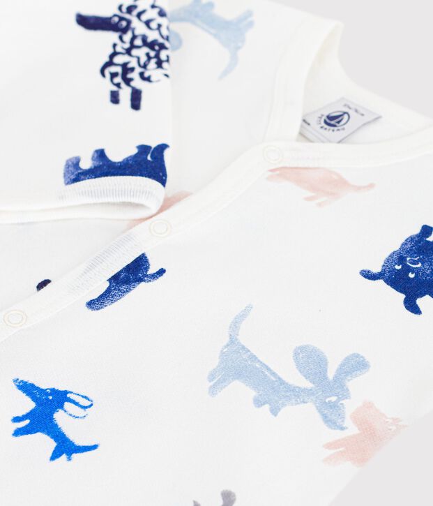 Babypyjama van geruwde fleece met hondjesprint wit/multicouleur