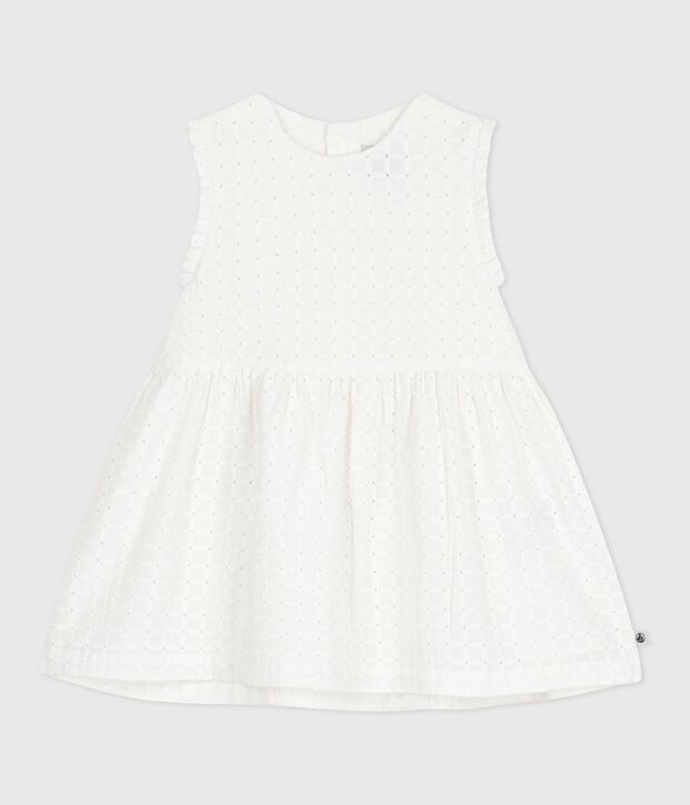 Wit mouwloos katoenen babyjurkje met broderie anglaise wit