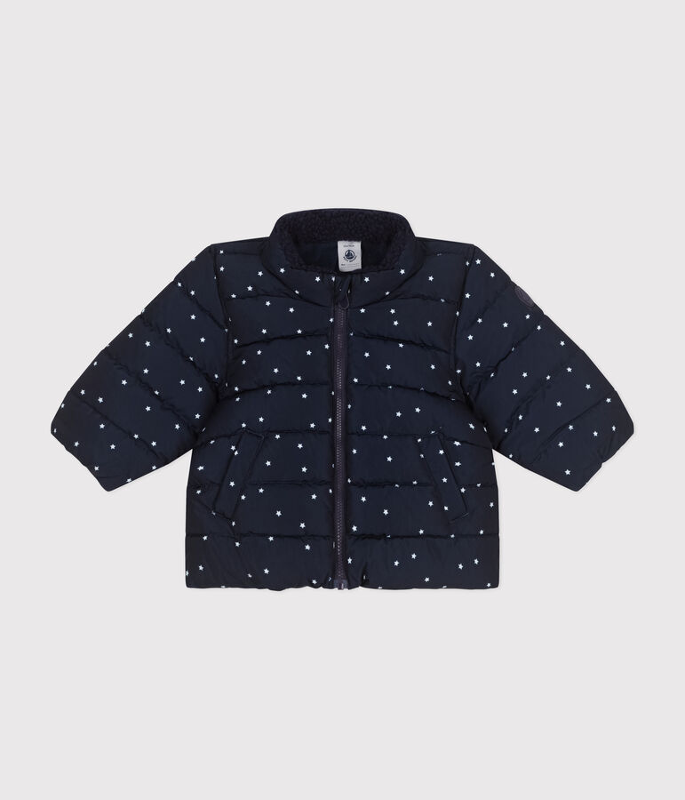 Bedrukt babyjack met oprolbare capuchon blauw/wit