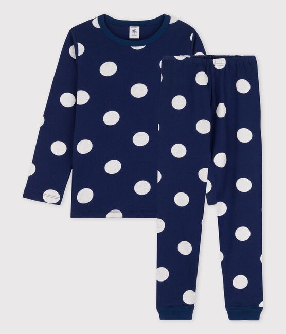 Pyjama met stipjes voor kleine jongens/meisjes in biokatoen blauw MEDIEVAL/wit MARSHMALLOW