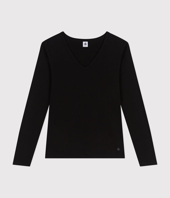 Dames-T-shirt L'Iconique met lange mouwen in effen ribstof voor dames zwart BLACK