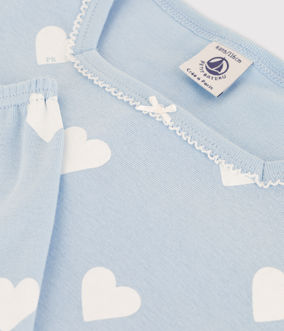 Pyjacourt bleu à cœur petite fille en coton biologique bleu JASMIN/blanc MARSHMALLOW