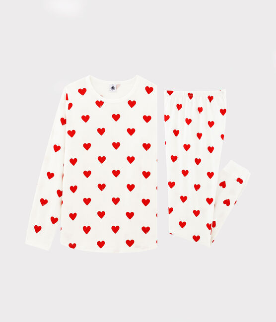 Meisjes-dames pyjama van ribtricot met hartjesprint wit MARSHMALLOW/rood TERKUIT