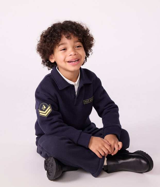 Sweatshirt esprit polo enfant en coton uni bleu marine