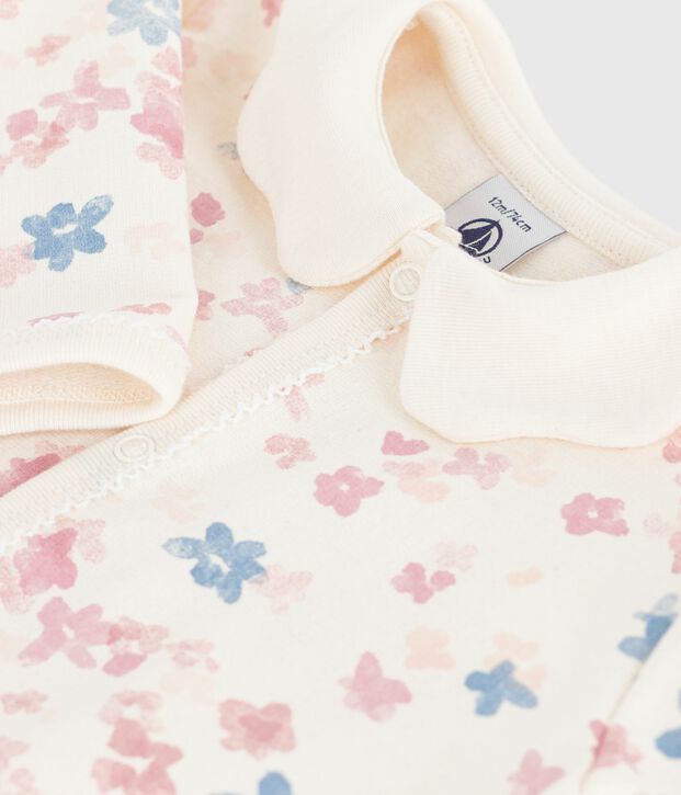 Babypyjama van geruwde fleece met bloemetjesbedrukking op de kraag ecru/multicouleur