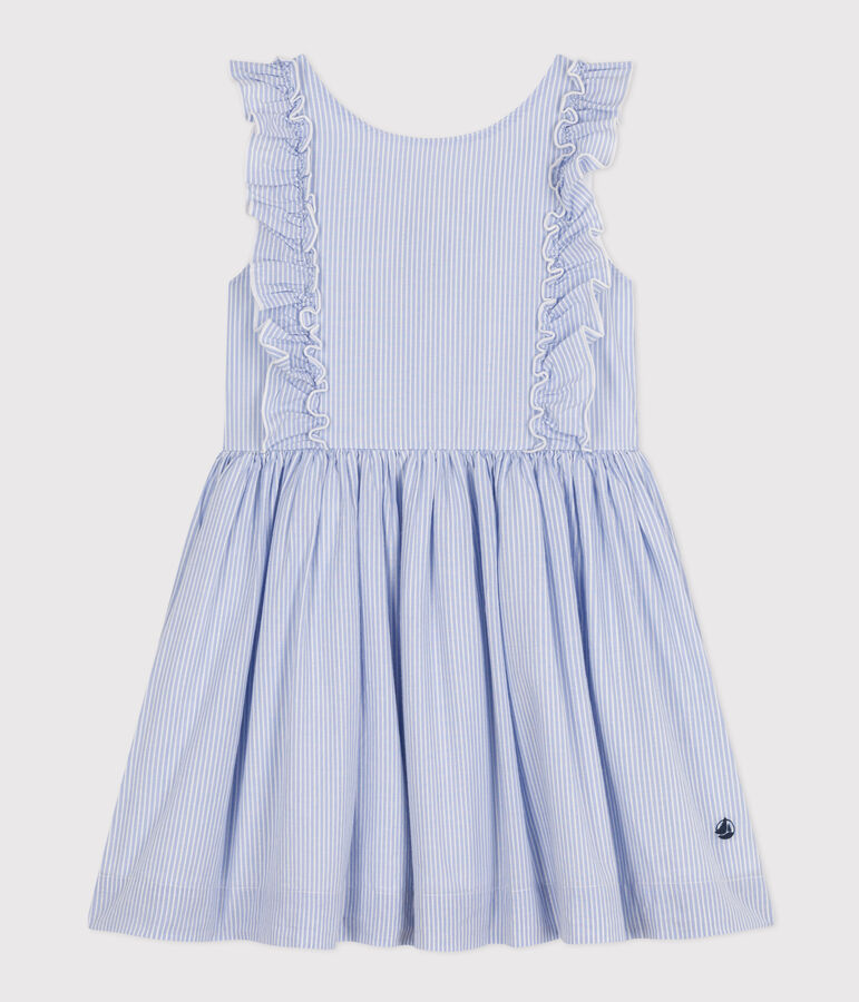 Robe sans manche en popeline ray&eacute;e enfant fille bleu/blanc/gris