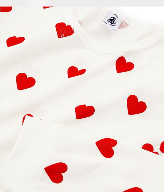 Meisjes-dames pyjama van ribtricot met hartjesprint wit MARSHMALLOW/rood TERKUIT