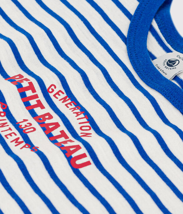 Katoenen T-shirt met korte mouwen en streepjes voor baby's wit/blauw