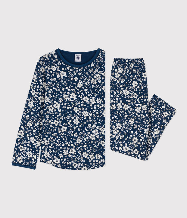 Pyjama fleur petite fille en coton bleu/blanc