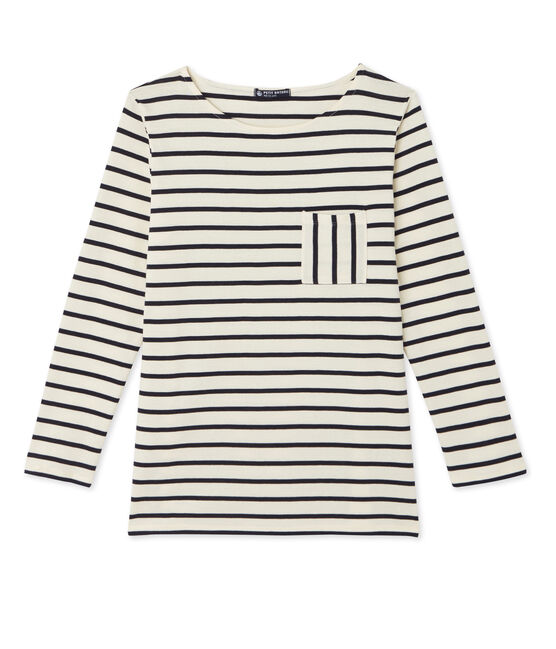 T-shirt femme manches longues en côte originale beige COQUILLE/bleu SMOKING