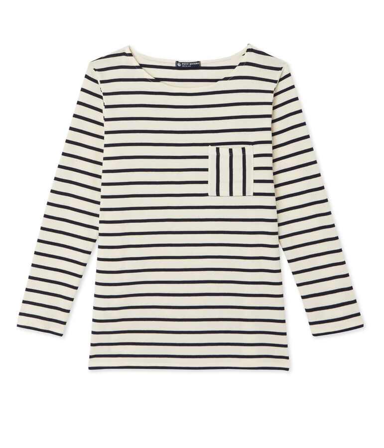 T-shirt femme manches longues en c&ocirc;te originale wit/blauw