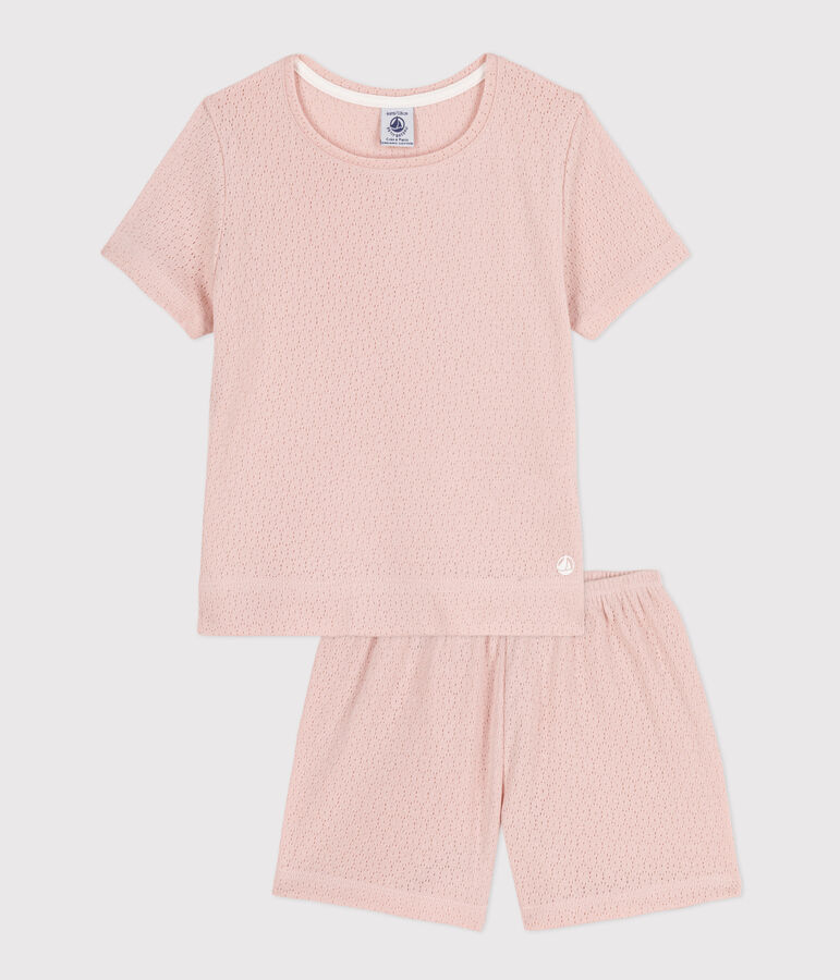 Pyjacourt uni en coton ajour&eacute; petite fille rose