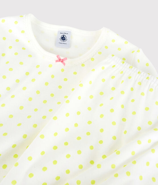 Pyjama à pois jaunes petite fille en coton blanc MARSHMALLOW/ SUNNY