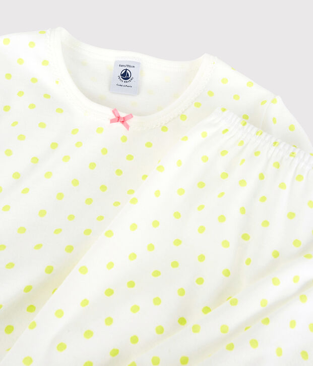 Katoenen pyjama voor meisjes met gele stippen wit/geel