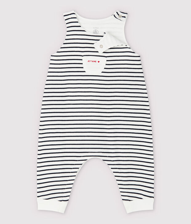 Salopette longue ray&eacute;e b&eacute;b&eacute; en coton biologique blanc/bleu