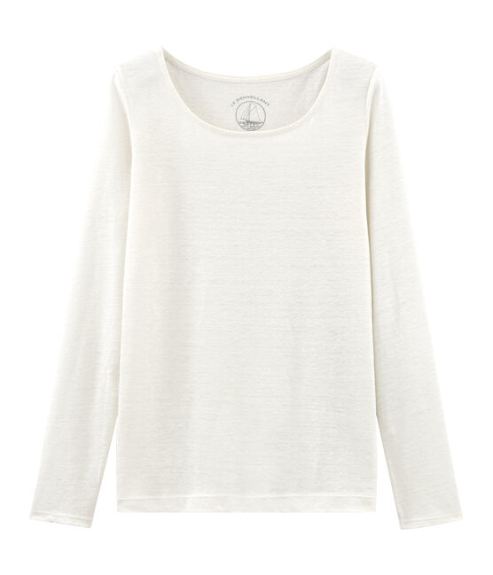 Dames-t-shirt met lange mouwen van linnen wit MARSHMALLOW