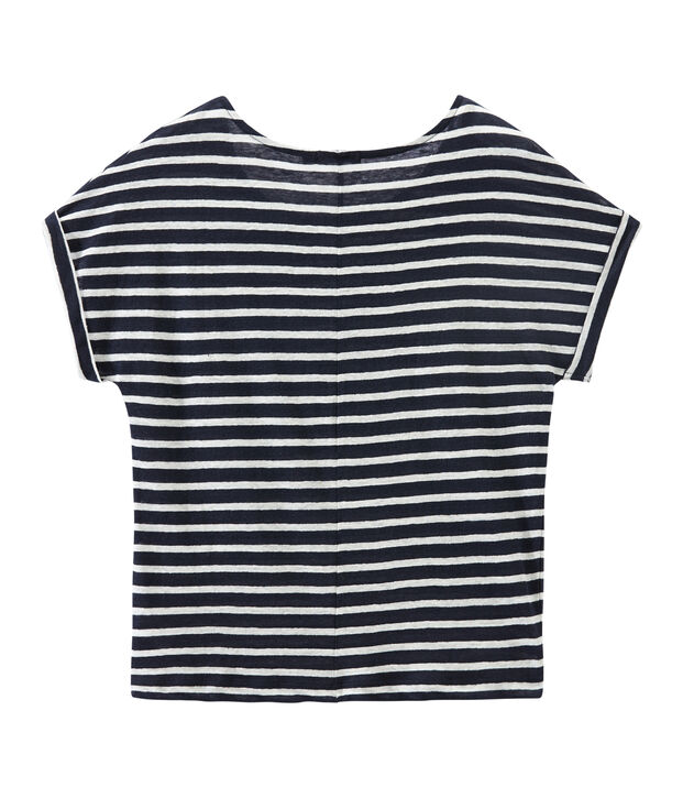 T-shirt femme en lin &agrave; rayures bleu/blanc