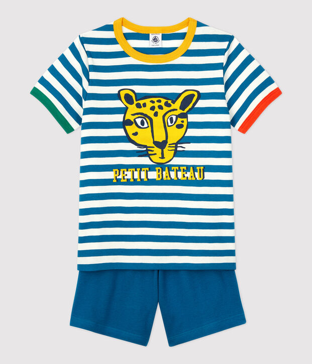 Korte jongenspyjama met strepen van katoen blauw/wit