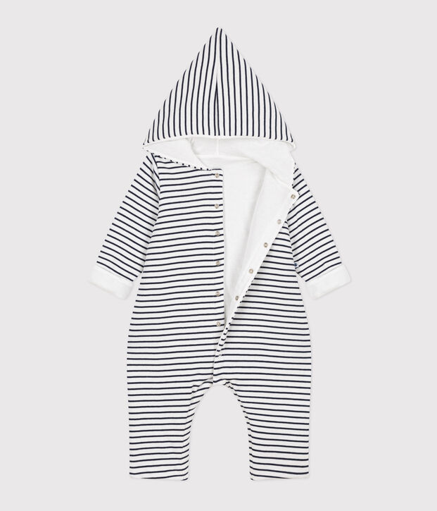 Combinaison longue ouatin&eacute;e &agrave; capuche en coton b&eacute;b&eacute; blanc/bleu