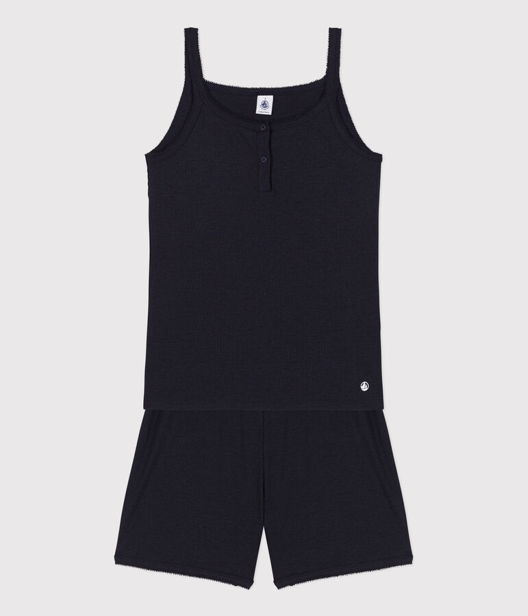 Effen pyjama met bandjes voor dames in lyocell en katoen blauw SMOKING