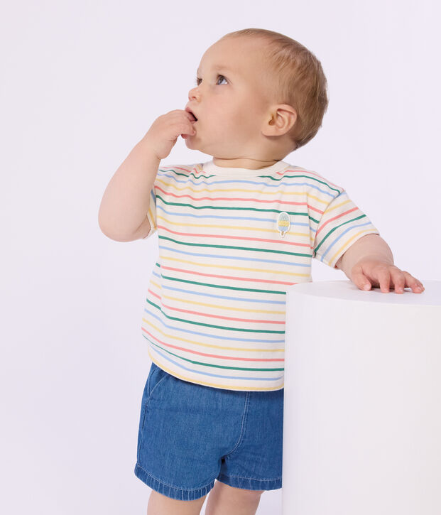 Tee-shirt b&eacute;b&eacute; en coton manches courtes, ray&eacute; blanc/multicouleur