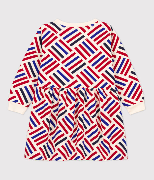 Meisjesjurk met lange mouwen in molton met print ecru/multicouleur