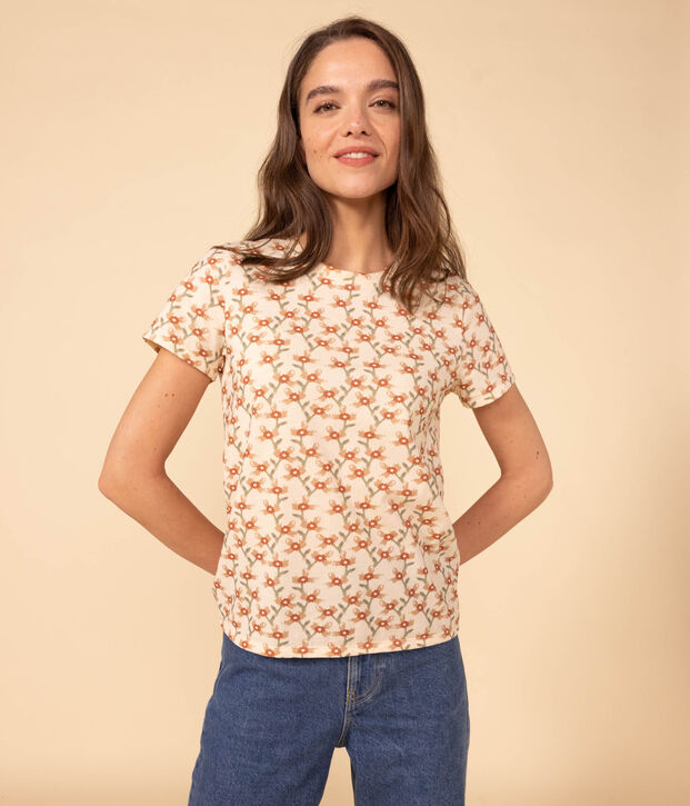 LE DROIT, katoenen T-shirt voor dames met ronde hals ecru/multicouleur