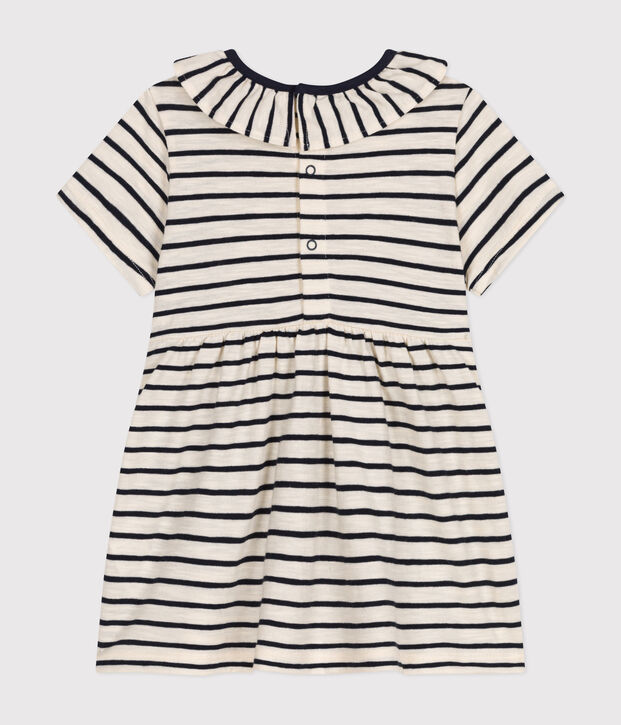 Gestreepte jurk met korte mouwen van gevlamde jerseystof voor baby's ecru/blauw