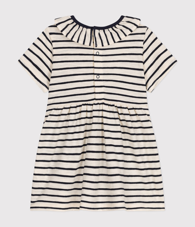 Gestreepte jurk met korte mouwen van gevlamde jerseystof voor baby's ecru/blauw