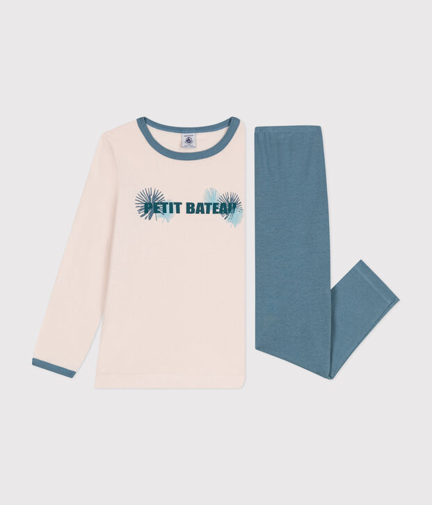 Katoenen meisjespyjama met lange mouw beige/blauw