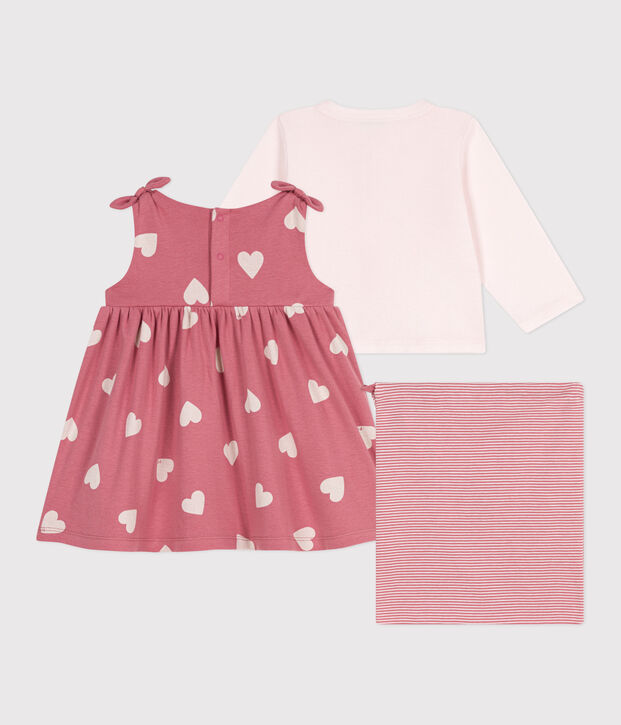 Tweedelig katoenen babysetje met effen vestje en jurk met print roze/multicouleur