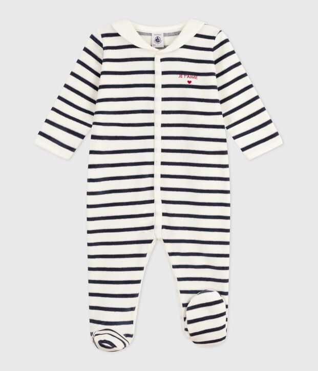 Fluwelen babypyjama met streepjesprint wit/blauw