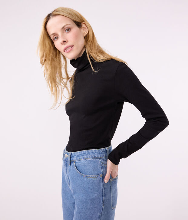 Tee-shirt l'Iconique Col roul&eacute; en coton femme noir