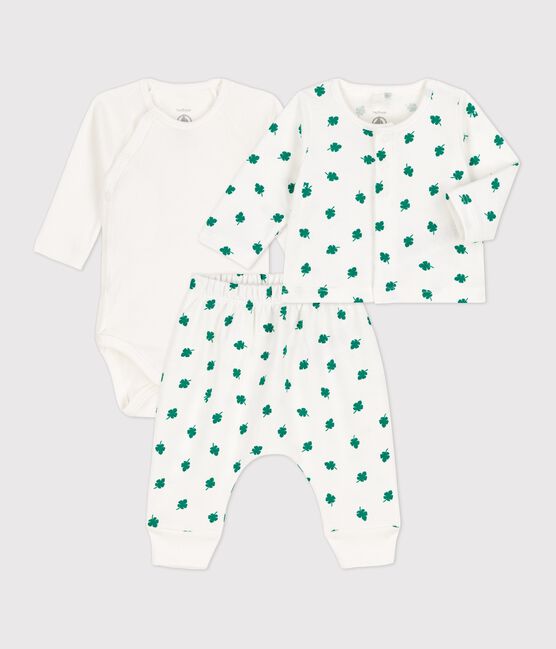 Ensemble 3 pièces bébé imprimé végétal en molleton bio blanc MARSHMALLOW/vert GAZON