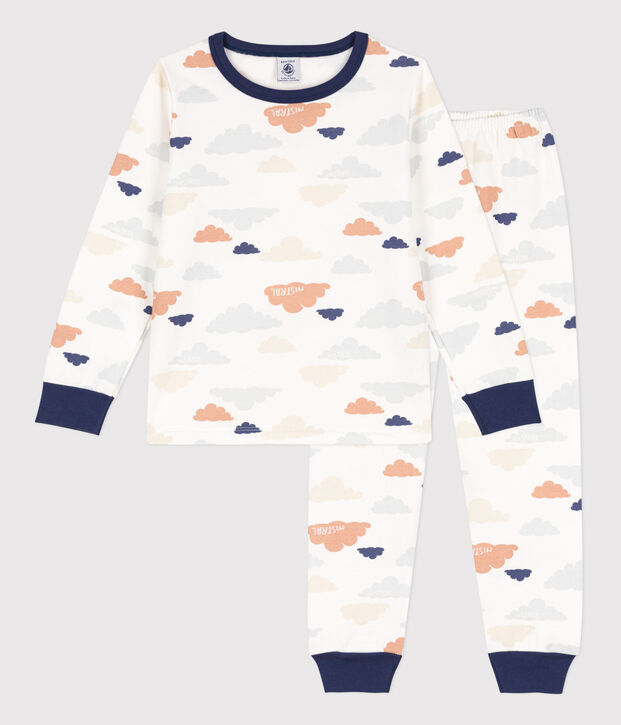 Jongens/meisjespyjama met wolkenprint in molton wit/multicouleur