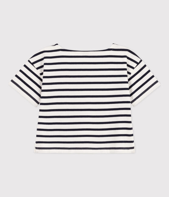 Gestreept katoenen T-shirt met korte mouwen voor meisjes wit MARSHMALLOW/blauw SMOKING