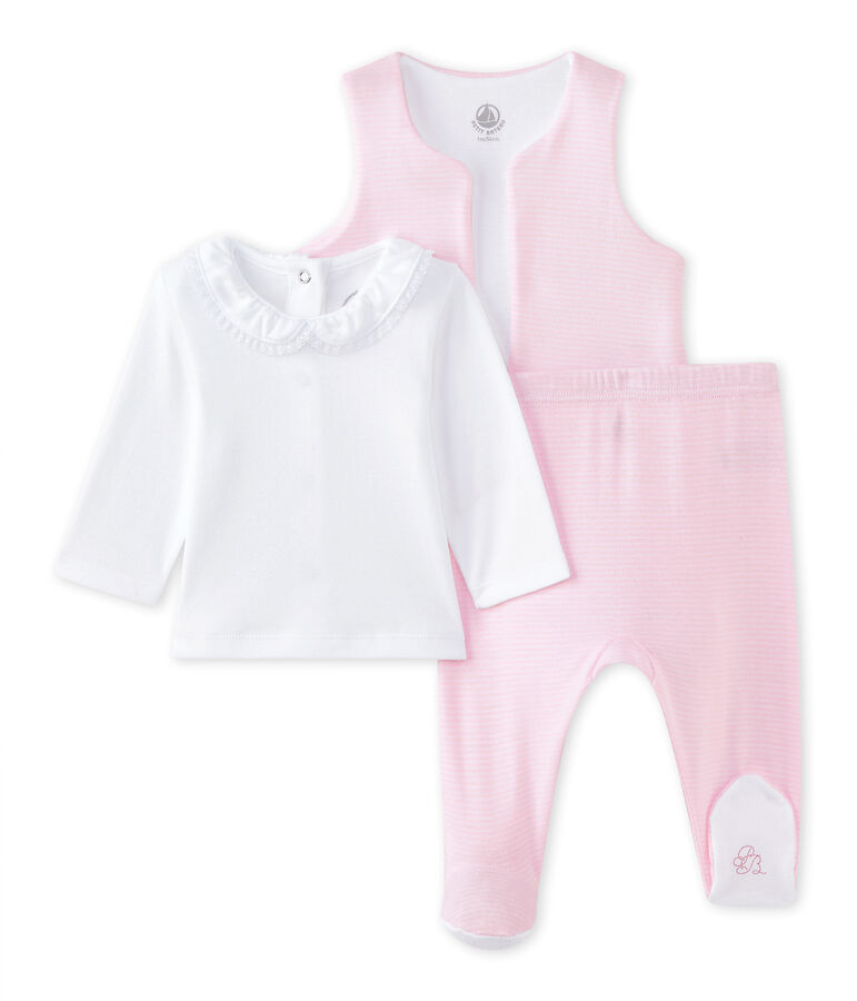 Ensemble b&eacute;b&eacute; fille 3 pi&egrave;ces blanc ECUME/rose VIENNE