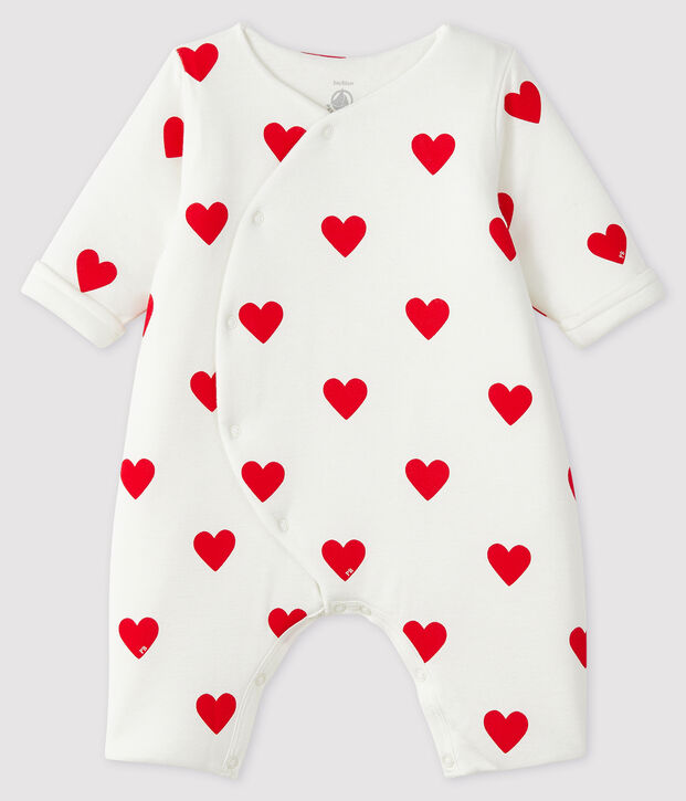 Combinaison longue c&oelig;urs rouges b&eacute;b&eacute; fille en c&ocirc;te blanc/rouge