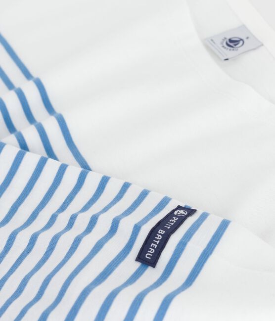 Katoenen T-shirt met lange mouwen en matrozenstreepjes voor dames wit MARSHMALLOW/blauw ALASKA