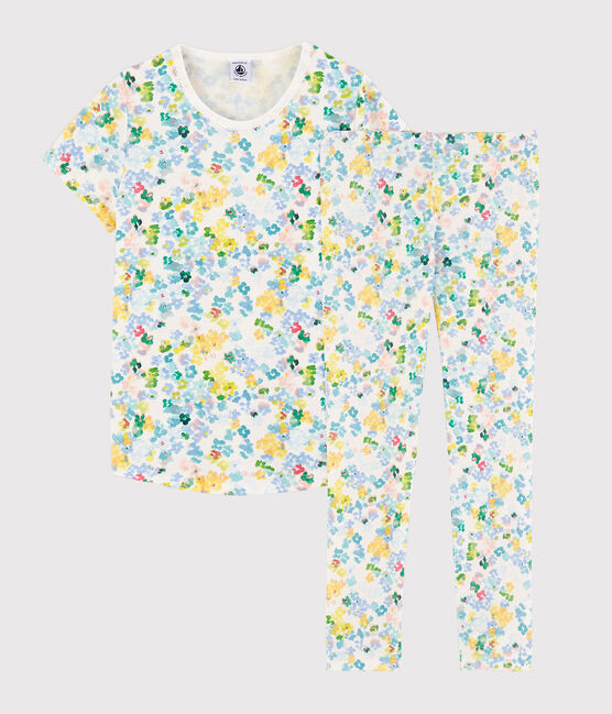 Pyjama fleurs aquarellées petite fille en coton blanc MARSHMALLOW/blanc MULTICO