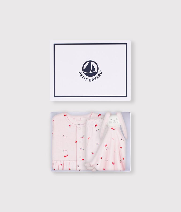Babycadeausetje met jurkje en knuffeldoekje van katoen met bloemenprint roze/multicouleur