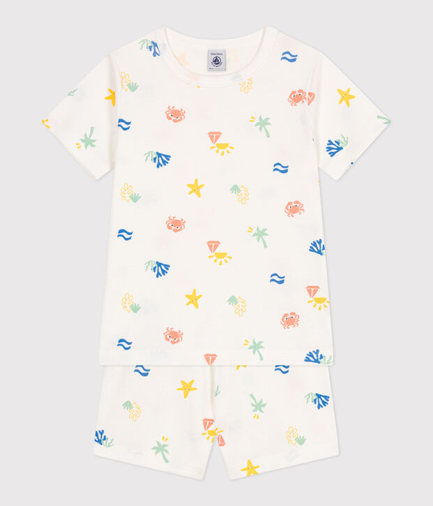 Korte katoenen kinderpyjama met print wit/multicouleur