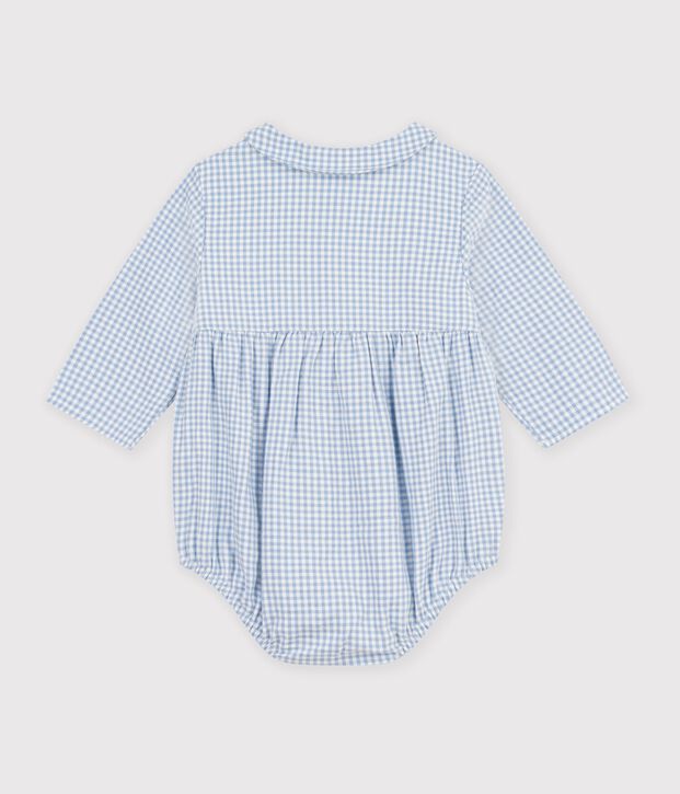 Kort katoenen kruippakje met kraagje en vichyprint voor baby's blauw/wit