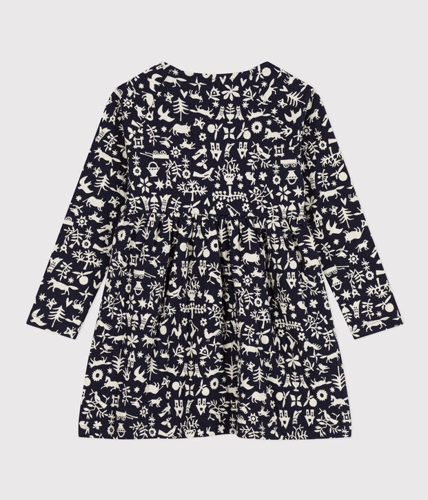 Meisjesjurk met lange mouwen in bedrukte tubic blauw/ecru