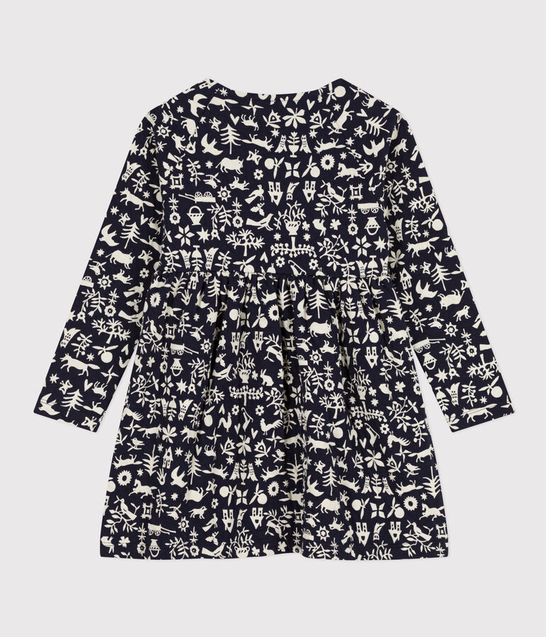 Meisjesjurk met lange mouwen in bedrukte tubic blauw/ecru