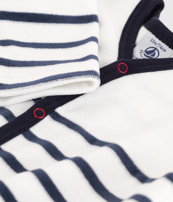 Gestreepte fluwelen babypyjama wit MARSHMALLOW/blauw SMOKING