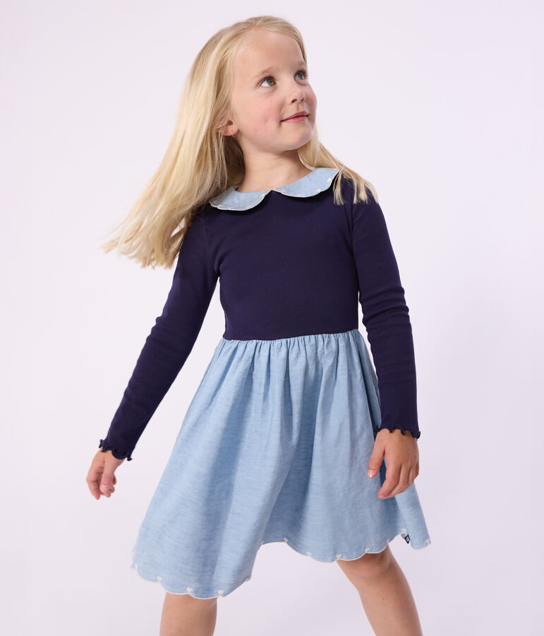 Katoenen kinderjurk met lange mouwen in twee materialen blauw SOIR