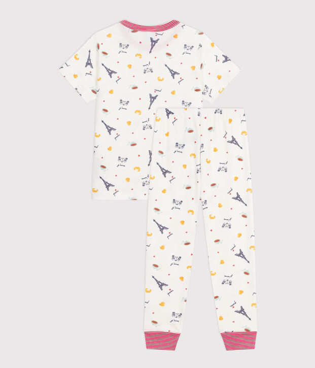 Pyjama enfant en coton manches courtes et jambes longues imprim&eacute; blanc/multicouleur