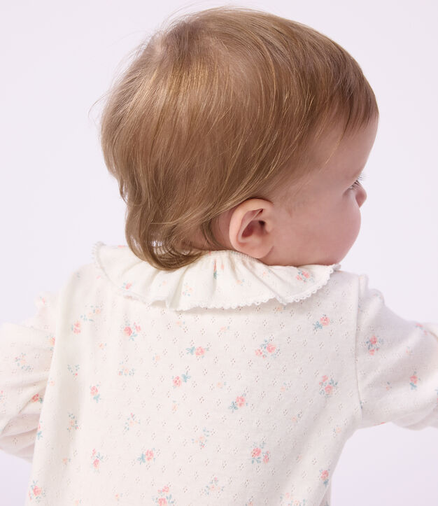 Babypyjama van opengewerkte katoen zonder voetjes met kraag met bloemenprint wit/multicouleur